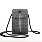 A grey and black grid-patterned crossbody bag with a black shoulder strap and a white logo on the front flap, set against a plain white background.