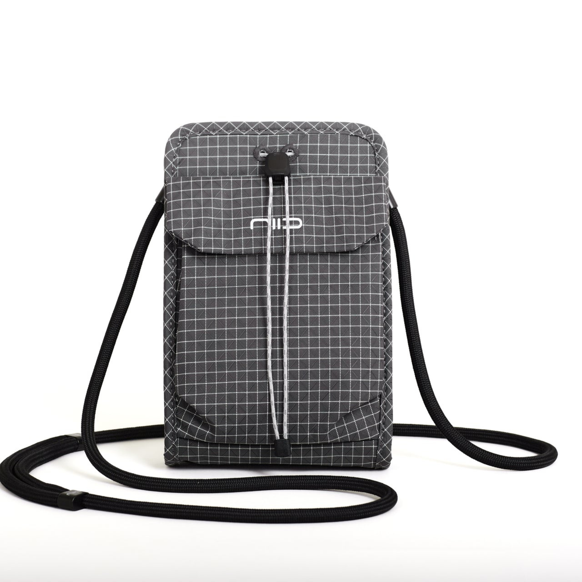A grey and black grid-patterned crossbody bag with a black shoulder strap and a white logo on the front flap, set against a plain white background.