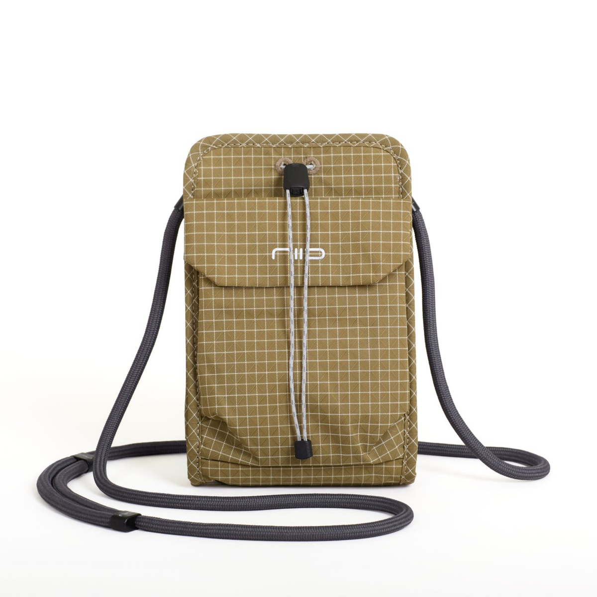 A small crossbody pouch bag in Beige with a white grid pattern, featuring a black drawstring closure and a black shoulder strap, shown on a white background.