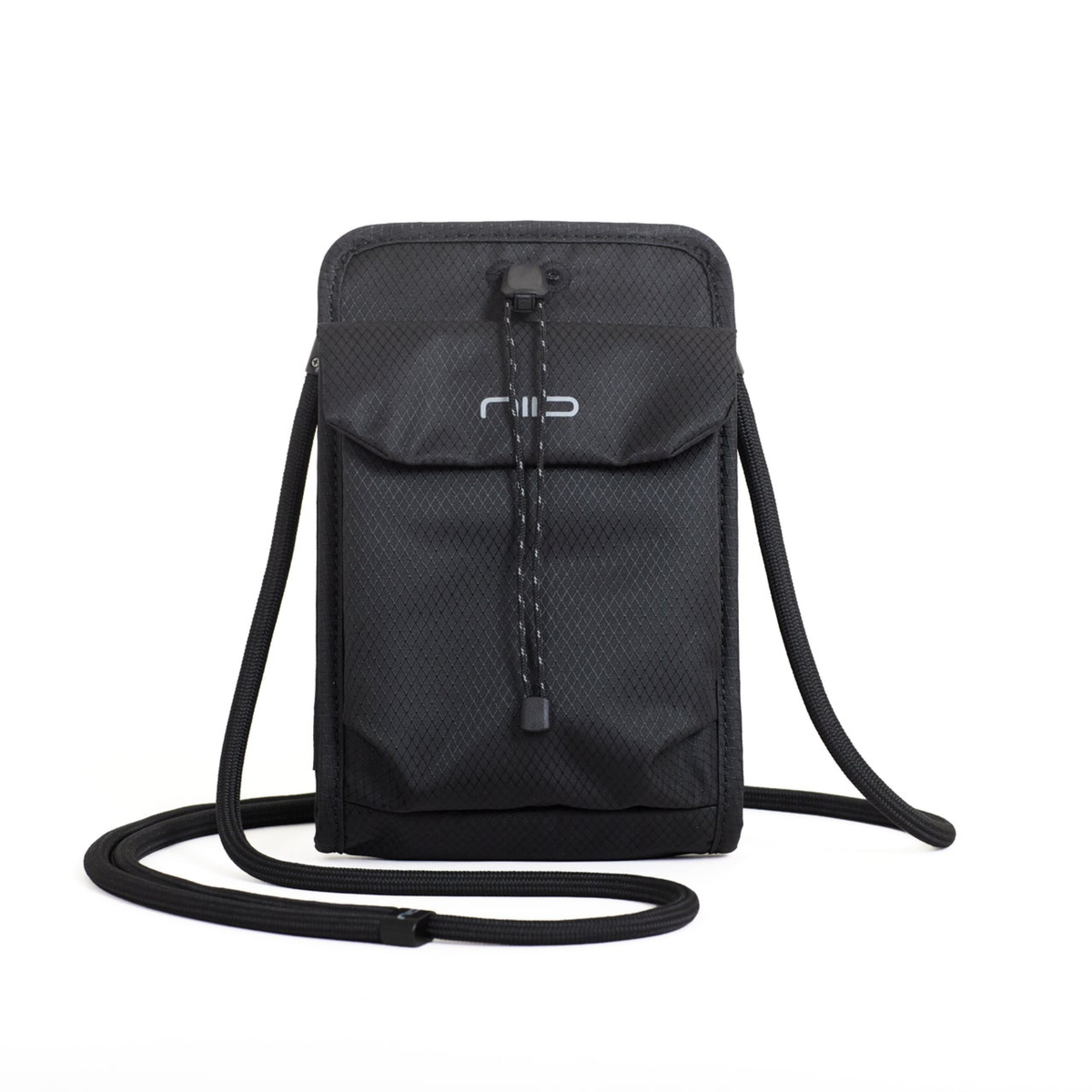 A black textured nylon crossbody phone pouch with a drawstring closure and a silver 'NIID' logo on the front, displayed on a clean white background.