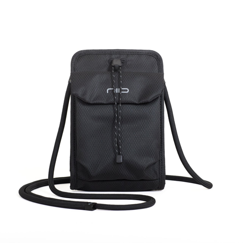 A black textured nylon crossbody phone pouch with a drawstring closure and a silver 'NIID' logo on the front, displayed on a clean white background.