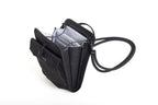 Black crossbody bag with a clear compartment on a white background