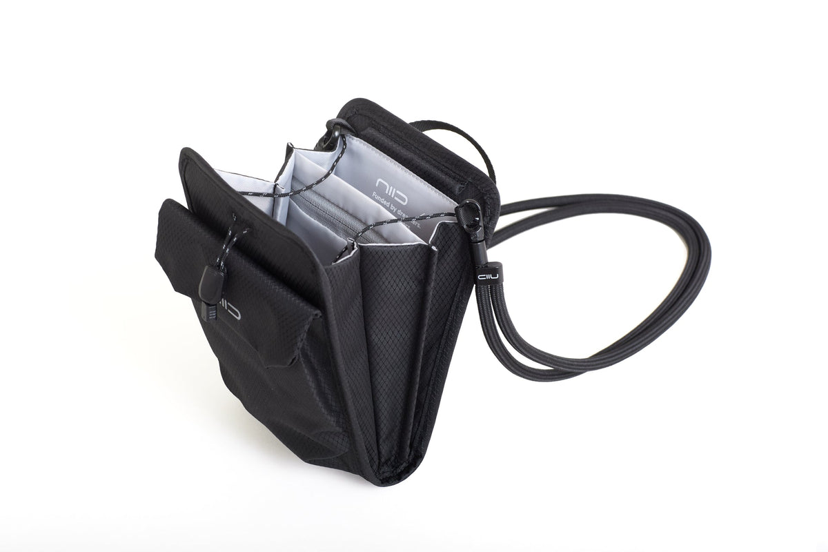 Black crossbody bag with a clear compartment on a white background