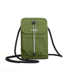An olive green crossbody bag with a white grid pattern, featuring a front pocket with a white drawstring closure and a long black shoulder strap, shown against a plain white background.