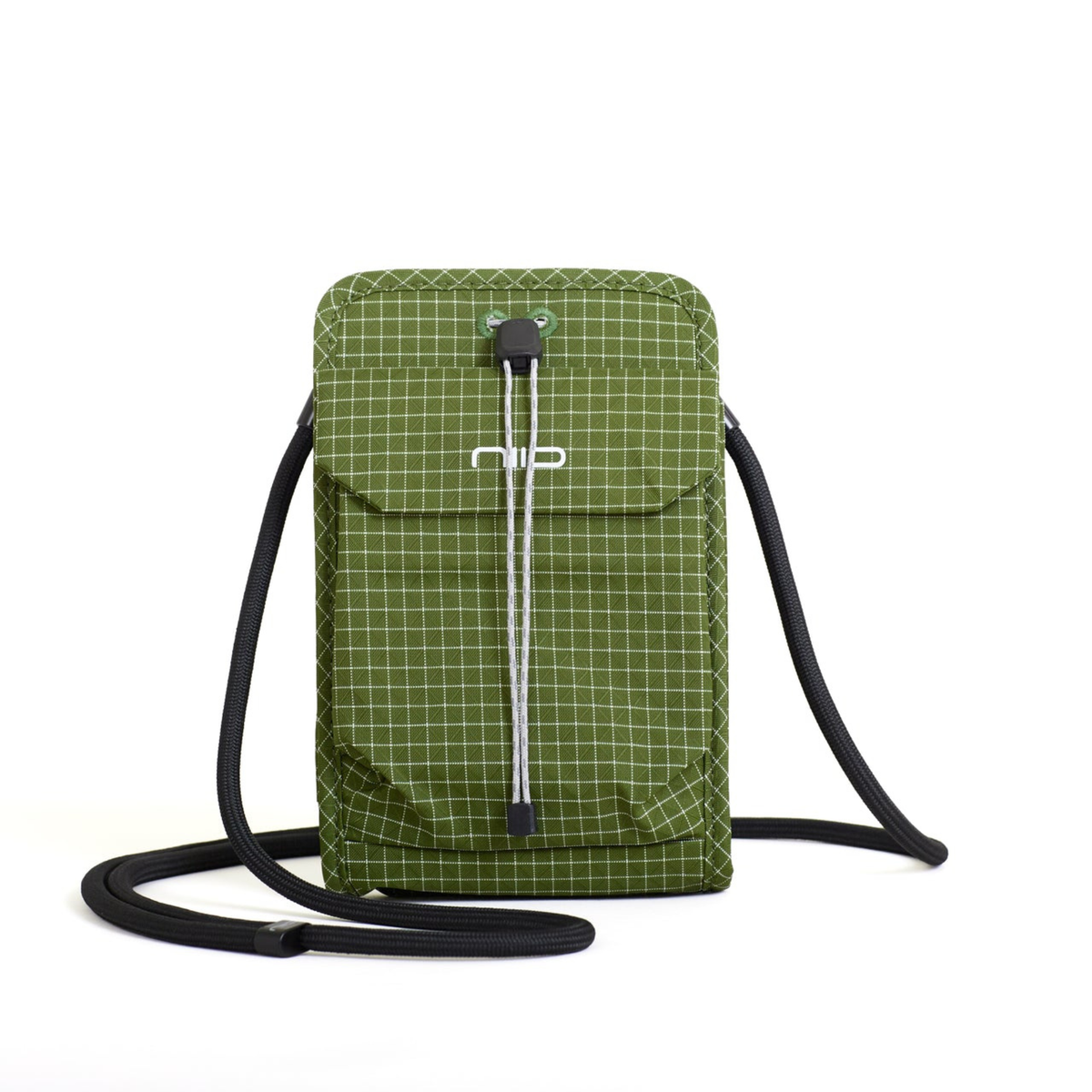 An olive green crossbody bag with a white grid pattern, featuring a front pocket with a white drawstring closure and a long black shoulder strap, shown against a plain white background.