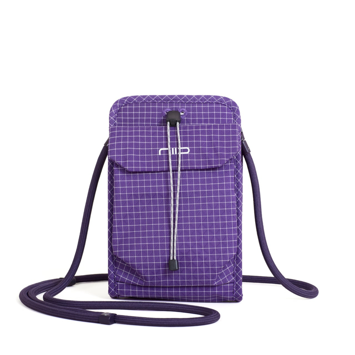 A purple crossbody bag with a white grid pattern, featuring a front pocket with a drawstring closure and a white 'NIID' logo, set against a plain white background.