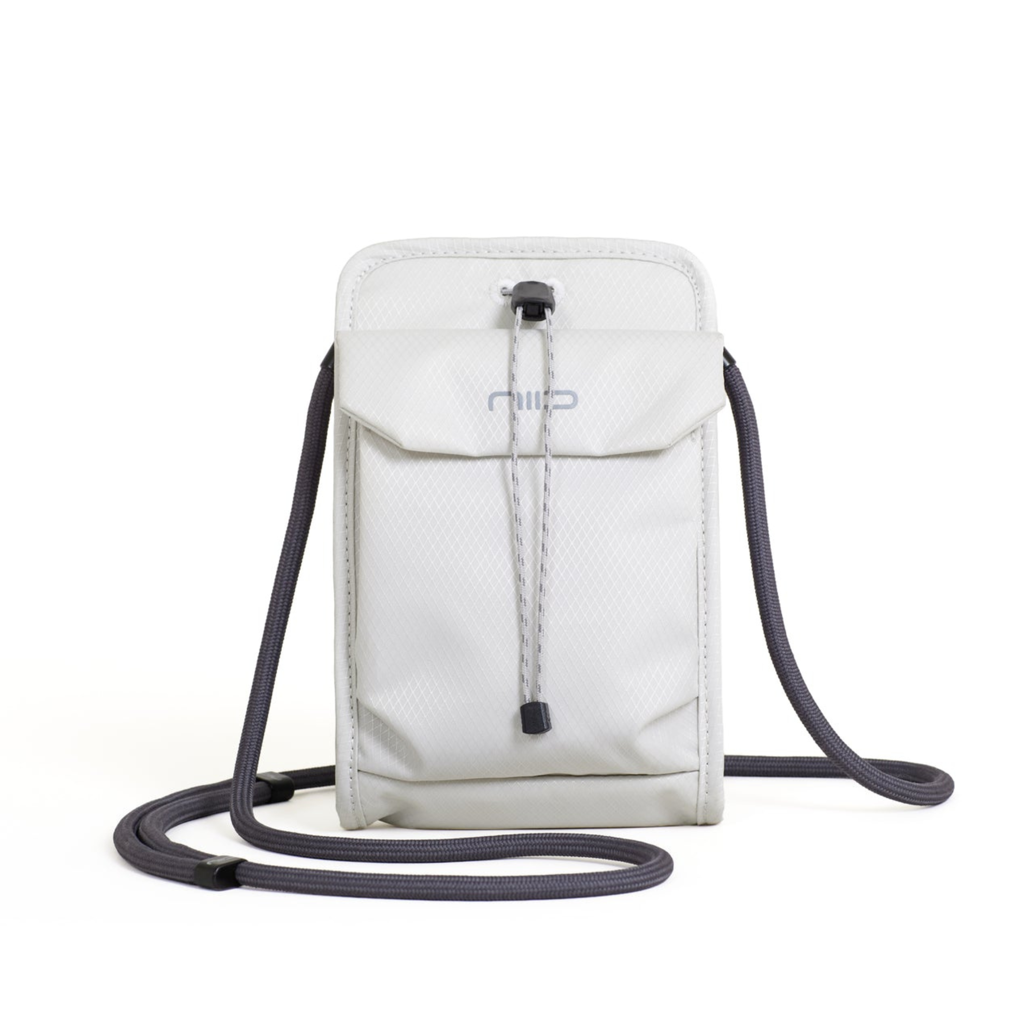 A light gray mesh crossbody phone pouch with a dark gray adjustable strap and drawstring closure, featuring the 'NIID' brand logo on the front flap.