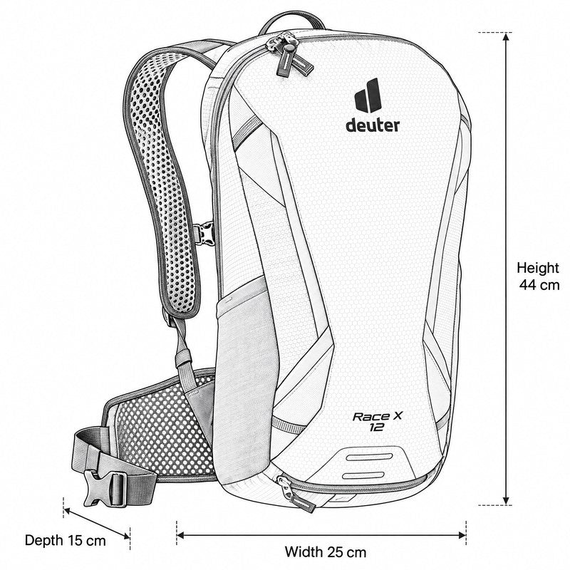Deuter Race X 12L backpack dimension guide 44 x 25 x 15 cm
